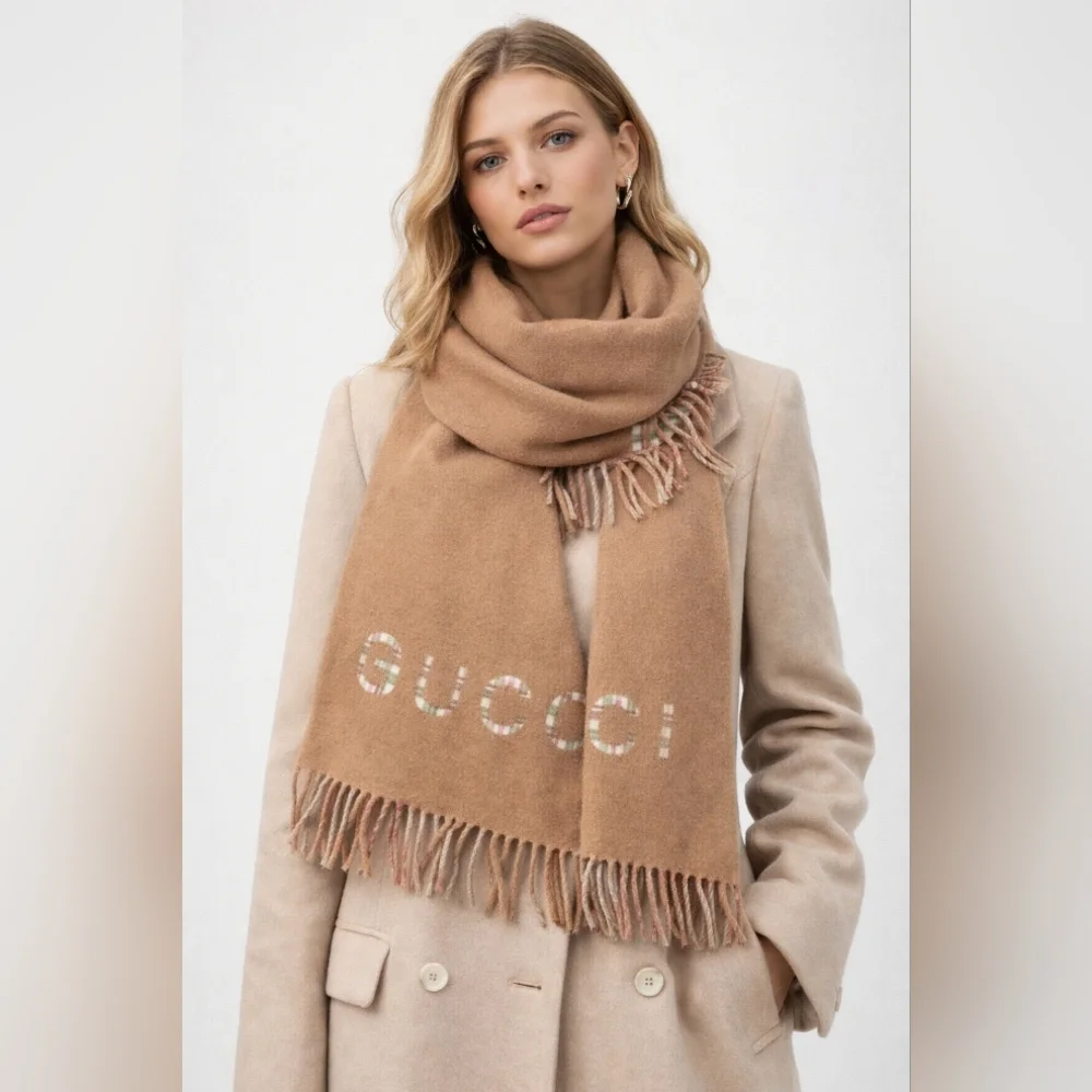 Gucci Tan Wool Scarf with Fringe
